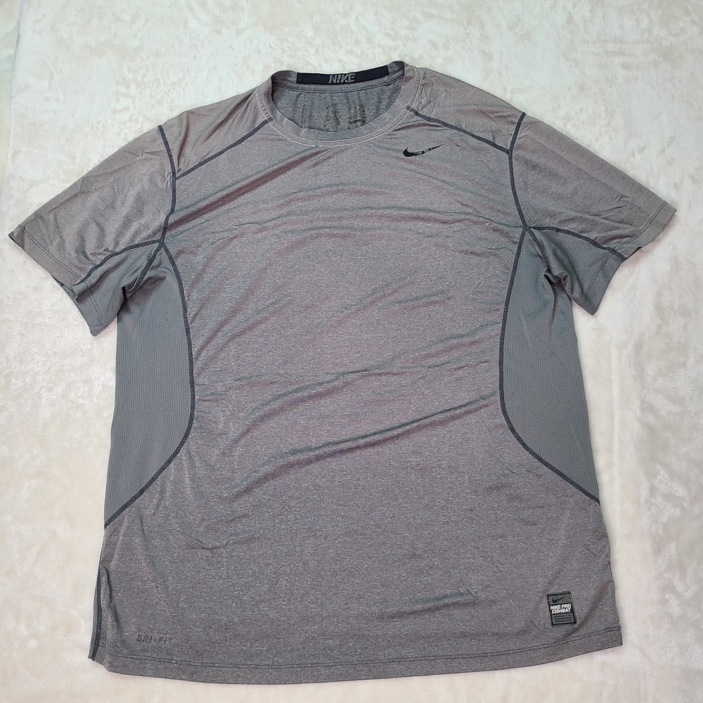 Nike Pro Combat Shirt Mens XL Gray Dri-FIT Fitted Short Sleeve Training Top